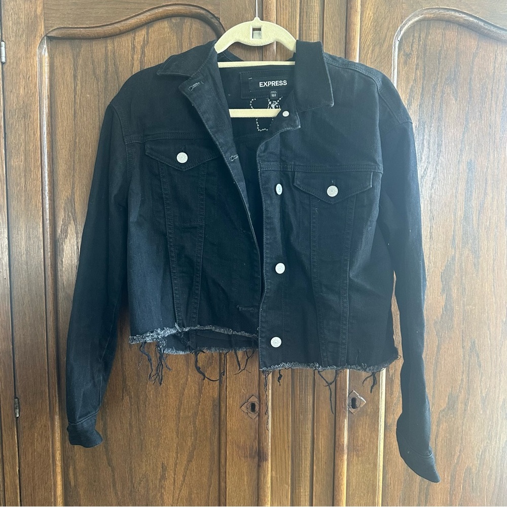 express bedazzled black cropped jean jacket